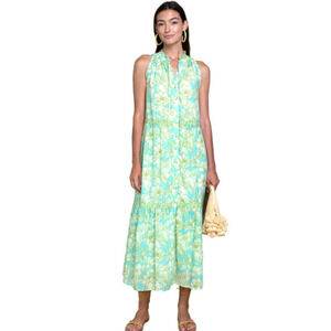 Olivia James Ro Long Dress Maxi Floral Blue Green Tiered Pockets Womens Small